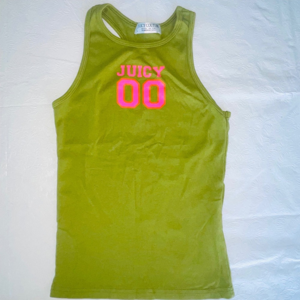 Juicy Couture Womens Vintage Racerback Tank Large Green Neon Graphic Cotton